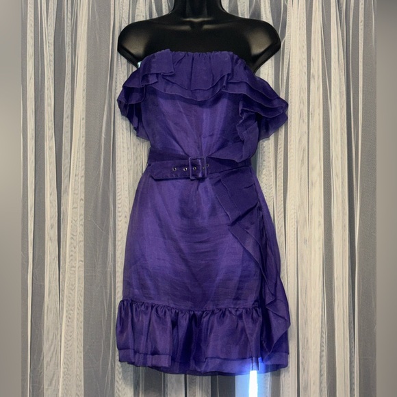 Marciano Dresses & Skirts - Marciano Strapless 100% Silk Purple Dress with Ruffles, XS Extra Small
